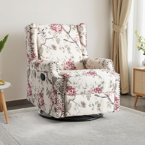 Image of Swivel Rocker Recliner Chair, 360 Swivel Wingback Recliner Chairs for Adults, Upholstered Printed Fabric Glider Rocking Chair with High Back, Deep Seat for Living Romm Bedroom, Plants Floral