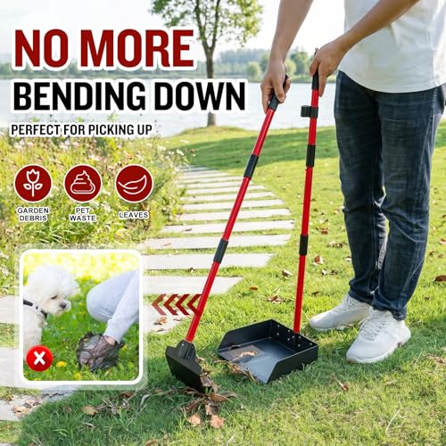 Image of Pooper Scooper for Large Dogs, Adjustable Long Handle Metal Tray and Spade Poop Scooper for Dogs with Bin for Pet Waste Removal, No Bending Clean Up Pooper Scooper for Medium and Large Dogs,Red