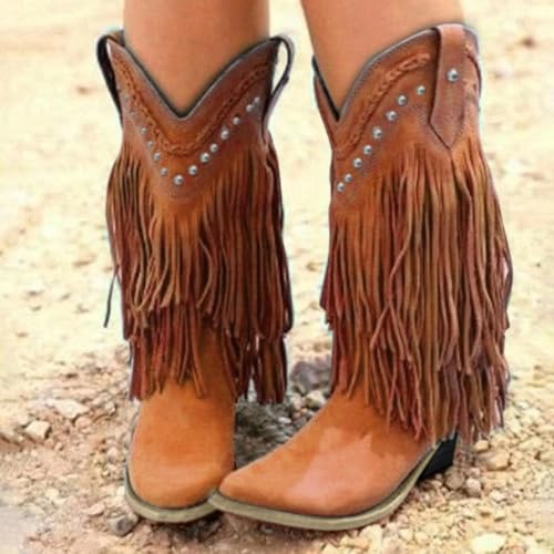 Fringe Cowboy Boots For Women Mid Heels Fringe Vintage Tassel Square Toe Western Cowgirls Boots Ethnic Retro Rivet Slip On Wide Mid Calf Knight Riding Ankle Dress Ankle Booties