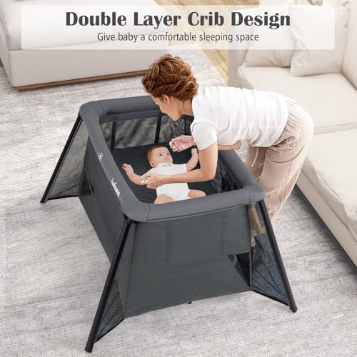 Image of INFANS Travel Crib, Portable Baby Playpen with Removable Bassinet Soft Mattress Carry Bag, Foldable Lightweight Playard for Newborns Toddlers (Dark Gray)