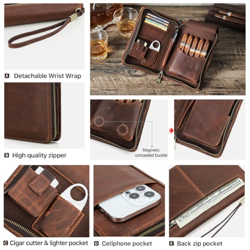 Hiram Cigar Travel Case, Genuine Leather Cigar Humidor Hold 5 Cigars Portable Cigar Box with Cigar Cutter Lighter Pocket - Image 4