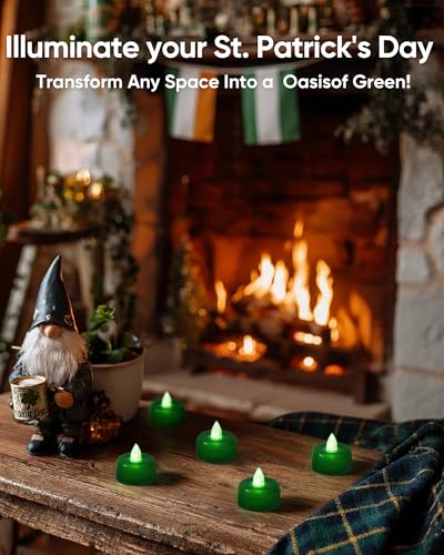 Image of Amagic 12 Pack Green Flameless LED Tea Lights Candles Battery Operated, Electric Fake Tealight Candles for Party, Wedding, Table Centerpiece, Home Decor, Mardi Gras, Halloween, Christmas, St. Patrick
