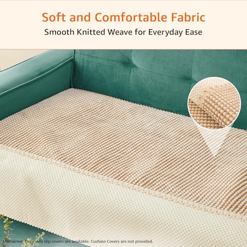 Image of Amazon Basics Knitted Fabric Sofa Cover for Three Seater, Playful Polka Dots, Non-Slip Sofa Pad, 70x180 cm, Soft Silicone Grip Dots, 100% Polyester, Machine Washable - Camel