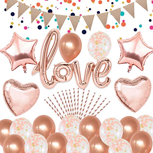 Globos de amor de oro rosa Decoraciones - Globos de confeti Glitter Banner de banderín Globos de papel de aluminio para el día de la madre Boda nupcial fiesta de compromiso de la boda decoraciones