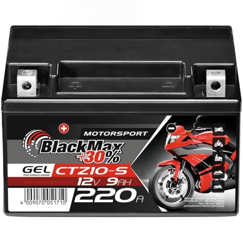 BlackMax Motorradbatterie 12V YTZ10S Gel Batterie 9Ah 220A/EN