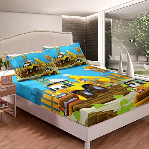 Kids Equipment Trucks Sheet Set Cartoon Construction Bulldozer Fitted Sheet for Women Men Bedroom Machinery Cars Bed Sheets Set Construction Site Bed Sheet Set including Deep Pocket Double - Image 2