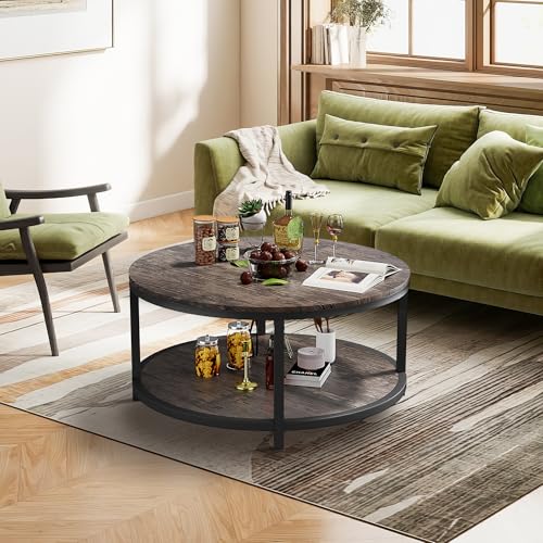 Image of Round Coffee Table 36 inch, 2-Tier Living Room Center Table with Storage Shelf, Rustic Wood Top & Sturdy Metal Frame, Modern Coffee Table for Family, Spacious Rooms, and Home Furniture (Light Walnut)