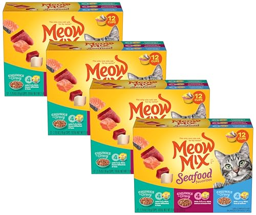 Image of Meow Mix Seafood Favorites Chunks in Gravy Wet Cat Food Variety Pack, 2.75 Ounce (Pack of 48)