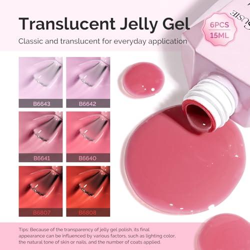 Image of MelodySusie Jelly Gel Nail Polish Set,6 Transparent Colors,Milky or Jelly Texture,Strawberry Pink Colors Soak Off UV LED Light Cure or Salon Manicure and Nail Art DIY at Home 15ML 0.3Fl Oz