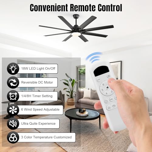 Image of Sofucor 52 Inch Ceiling Fans with Lights, Modern Black Ceiling Fan with Lights and Remote, Reversible Quiet DC Motor, 3 CCT, ABS 8 Blades Indoor /Outdoor Fan Light for Bedroom Living Room Patio