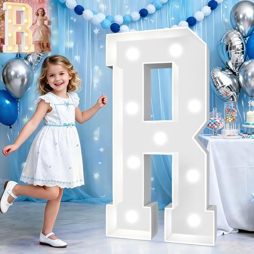 Image of Pooqla 3FT Marquee Light Up Letters, LED Big Mosaic Marquee Letters 3 Feet, Giant LED Sign for Balloons Birthday Anniversary Wedding Party, Warm White and Cool White Letter R