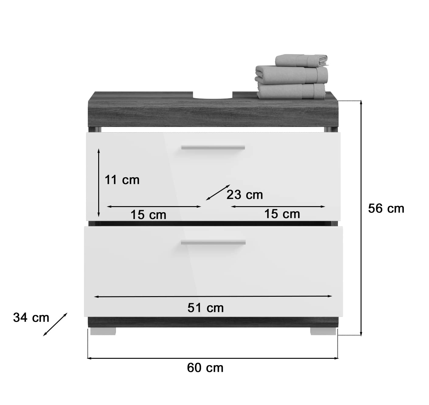 xonox.home Łazienka Scout X06B2707 szafka pod umywalkę szafka pod umywalkę szafka z przodu biała wysoki połysk korpus srebro przydymione nb.ok. 60x56x34 cm z szufladami