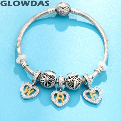 Image of GLOWDAS 18K Gold Plated Letter Charms Initial A to Z Necklace Pendant, 925 Sterling Silver CZ Heart Dangle Alphabet Beads fit European DIY Bracelet, Gifts for Valentiens /Christmas /Family