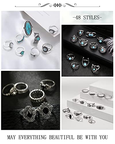 Jeliee 48 Pcs Vintage Turquoise Rings Set Silver Knuckle Rings Western Rings Bohemian Oval Gemstone Rings Boho Joint Knuckle Rings Midi Stacking Rings For Women thumb #6
