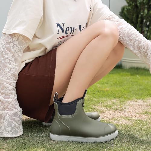 Foinledr Gummistiefel Damen Halbhoch, Wasserdicht Gefüttert Antirutsch Stiefel, Regenstiefel für Outdoor Gartenschuhe