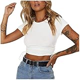 MEITING Damen Y2K Crop Tops, Teenager Mädchen Y2K Tank Top Sommer Sexy Kordelzug Nabel Oberteil, Rundhals Crop Tops für Damen Tshirt Blusentop Kurz Weste Damen Sommer Vest Sexy Strick Weste Top