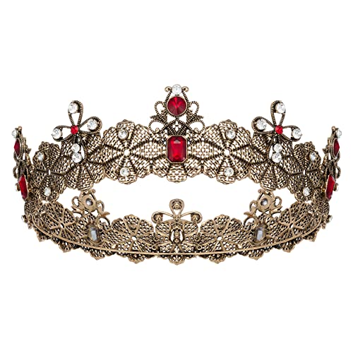 SWEETV Medieval King Crown for Men,Gold Men's Tiara Prince Diadem,Wedding Birthday Headpiece,Jeweled Halloween Prom Party Costume Hair Accessories,Red