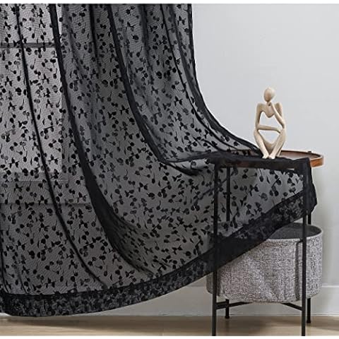 Jubilantex 2 Panels Black Sheer Curtain Leaf Pattern Voile Drapes 95 Inch Long for Living Room, Rod Pocket Buds Lace Textured Window Curtains for Bedroom Dining Room Cover