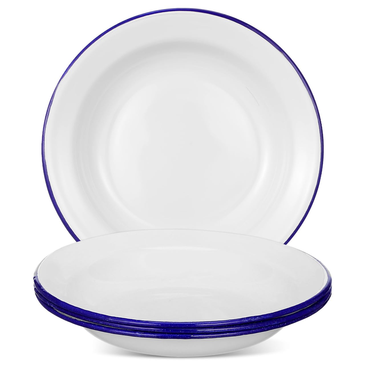 STOBAZA 4 Packs Enamel Plates: 6 Inch Round Enamelware Dinner Plate Bulk - Enameled Serving Dish with Blue Rim, Tableware for Pasta Salad Outdoor Camping Picnic BBQ