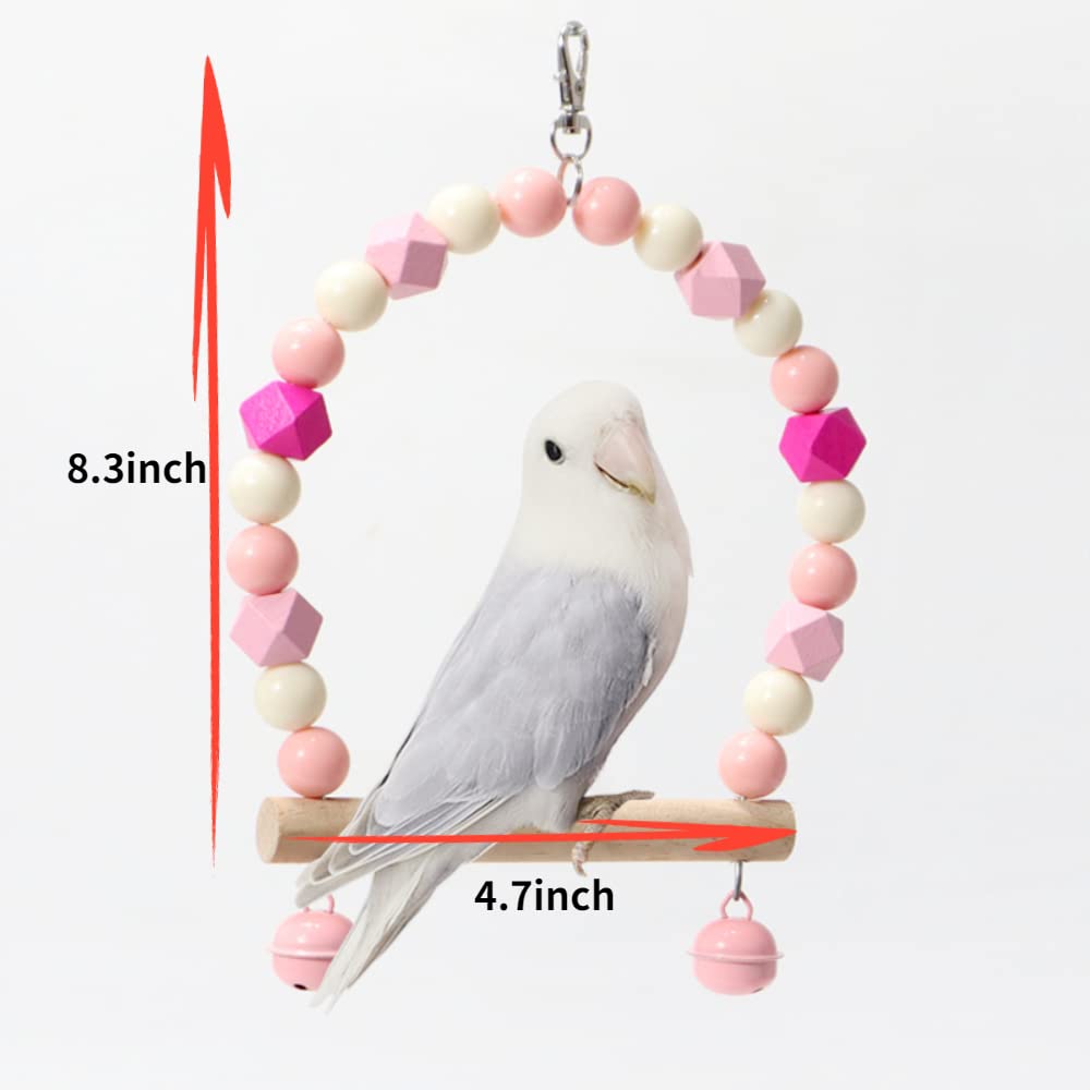 Wooden Bird Swing for Cockatiels Parrot Perch Hanging Toys Parakeets Birdcage Stands Cage Playground Play Gyms Accessories Colorful Bead Bell Climbing Toy for Lovebirds Conures Budgies (Purple-Pink)