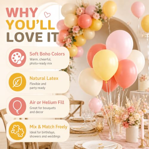 Image of Pink and Yellow Balloon,50PCS 12 Inch Boho Pink Balloons Retro Orange Pastel Pink Yellow Nude Ballons for Girls Birthday Autumn Baby Shower Wedding Engagement Flower Fall Party Decorations