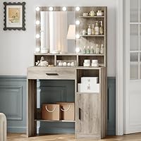 Hzuaneri Dressing Table with Mirror and 10 LED Lights, Vanity Table, Makeup Vanity with 3 Shelves & 4 Open Compartments, Large Drawer & Cabinet, Adjustable Lighting Brightness