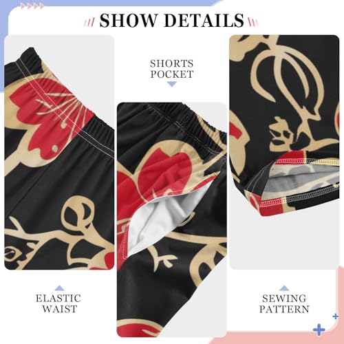 Plum Flowers and Leaves Boys Long Pants Soft Trousers Elastic Waist Kids Lounge Bottoms with Pockets S-XL4