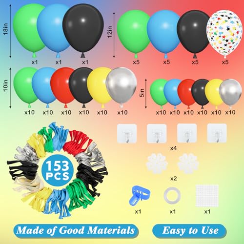 Image of Amandir 153pcs Red Blue Yellow Black Green Balloon Arch Kit Different size | 18 12 10 5inch Metallic Silver Star Confetti Colorful Balloons Birthday Carnival Video Themed Party Decorations