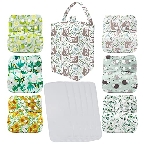Image of Mumsbest Cloth Diaper for Baby Girls and Boys with Tummy Panel, 6 Pack Reusable Adjustable Washable AWJ Lining Pocket Nappy with 6 Inserts & 1 Diaper Wet Bag