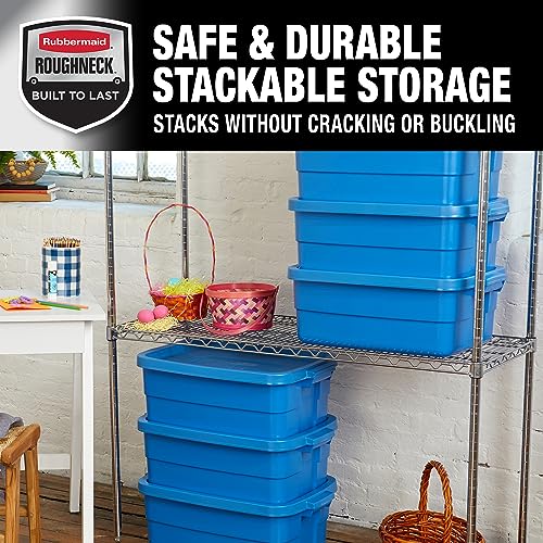Image of Rubbermaid Roughneck Tote 10 Gal, 6 Pack, Made in USA, Heritage Blue, Rugged Plastic Stackable Storage Bins with Lids and Handles