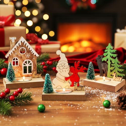 Homorro 3 peças ornamentos de Natal candelabros para velas decoração mesa Natal centro artesanato porta-velas decoração de casa suporte de madeira decorativos de escritório sala de jantar