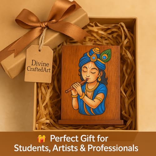 Image of DivineCraftedArt Handcrafted Wooden Pen Holder & Mobile Stand | Desk Organizer for Office, Home & Study Table | Pen Pencil Stand with Card Holder (6.75x3.75x2.5 Inch) (Krishana Harmony)
