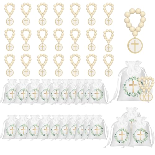 Adboros 24 Sets Baptism Favors include Wooden Rosary and Baptism Satin Gift Bags Wood Catholic Prayer Rosary with Crucifix for Easter Confirmation Baby Shower First Communion Gifts for Girls Boys