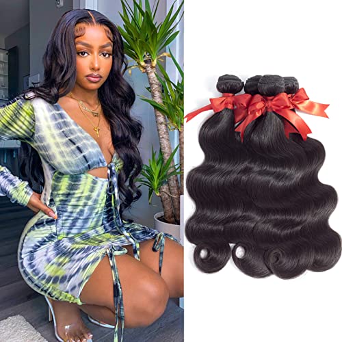 Beauhair Body Wave Human Hair Bundles 100% Unprocessed Brazilian Body Wave Virgin Human Hair 4 Bundles Human Hair Extensions Natural Black Color(14 14 14 14)