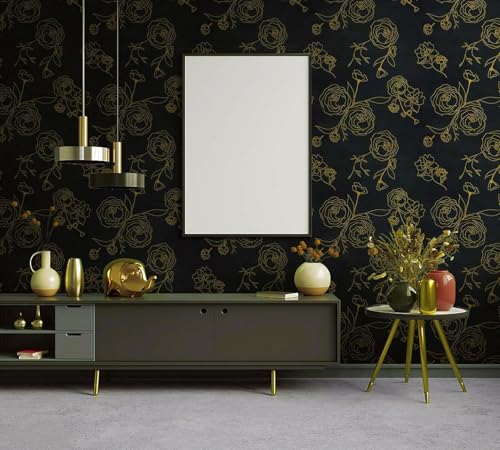 Image of Black and Gold Rose Wallpaper - Self Adhesive Peel and Stick Floral Wall Stickers, Waterproof PVC Vinyl Decorative Paper for Home, Bedroom, Living Room & Furniture (45cm x 300cm)