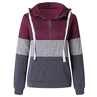 Women'S Casual Lightweight Pullover Hoodies Sofe Solid Color Block Sweatshirts Long Sleeve Zipper Drawstring Tunic Tops Wine