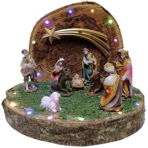 Grotta su Tronco con pastori luci e natività Completa di Natale Sacra Famiglia presepe casa addobbi Capanna Decorazioni Albero