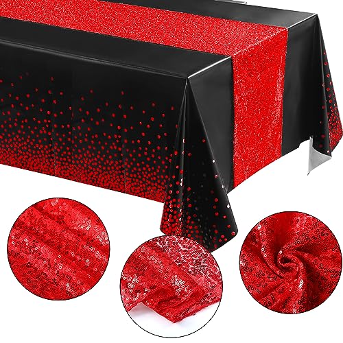 Image of Irenare 2 Pcs Black and Red Tablecloth and Sequin Table Runner Set Polka Dots Confetti Table Cover Dining Plastic Tablecloths Glitter Decorations for Birthday Wedding Anniversary Party Supplies