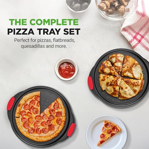 Image of NutriChef 2-Piece 13-Inch Nonstick Pizza Tray, Round Carbon Steel Non-Stick Pizza Pan with Perforated Holes, Premium Bakeware Pizza Screen with Silicone Grip Handles, Dishwasher Safe, NCBPIZX2