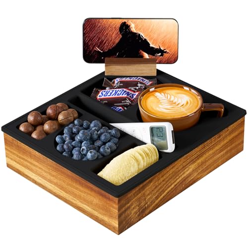 Couch Cup Holder Tray, Hitseon Silicone Acacia Wooden Couch Caddy with Cup Holder for Bed Car Beach, Drink Holder for Couch with Upgrade Removable 360° Rotating Holder Black