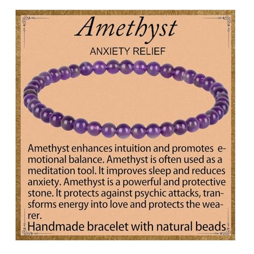 QOGIR Amethyst Bracelet - Anxiety Bracelet for Women Men - Handmade Natural Gem Stone Beaded Stretch Elastic Healing Bracelets 4mm