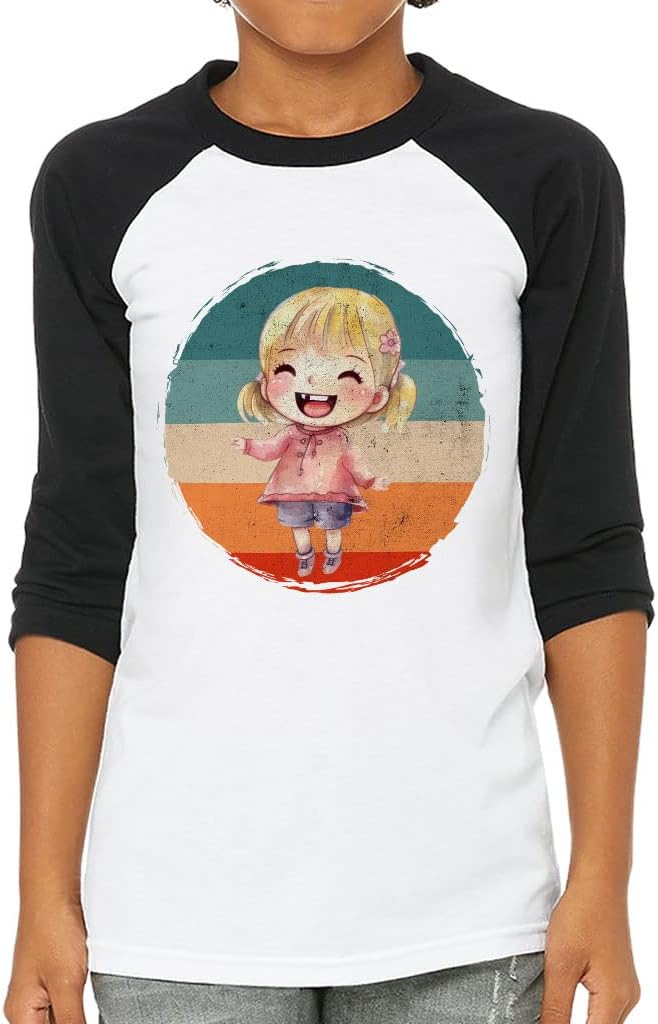 Cute Girl Print Kids' Baseball T-Shirt - Retro 3/4 Sleeve T-Shirt - Paint Baseball Tee