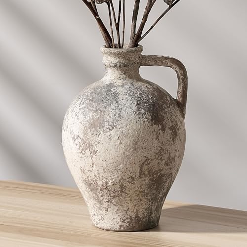 PORCER Jarrón de cerámica antiguo, jarrón de terracota de 8.3 pulgadas con asa, jarrón decorativo toscano, jarrón rústico para decoración del hogar, granja, sala de estar, suelo, boda, Navidad, color