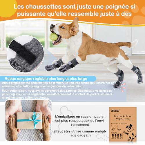GYURO 2 Paar rutschfeste Hundesocken mit weichem Pfotenschutz und verstellbarem Klettverschluss für den Innenbereich (Grau, L)