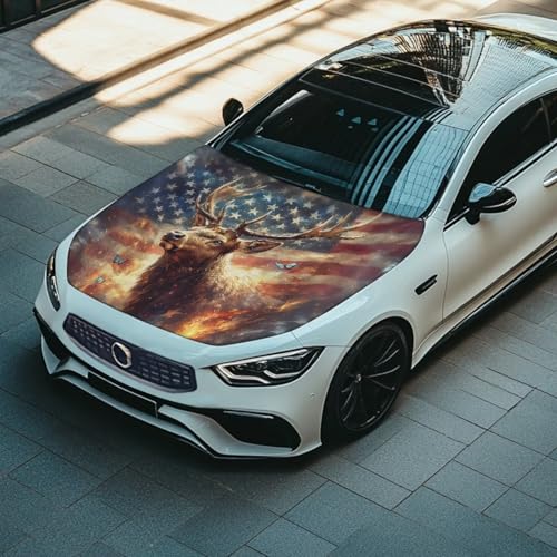 Image of 39x59 Inch American Flag Deer Design Cover for Car Hood, Elastic Polyester Waterproof Car Hood Cover Universal Car Exterior Accessories Easy Install for Car Hood Protection
