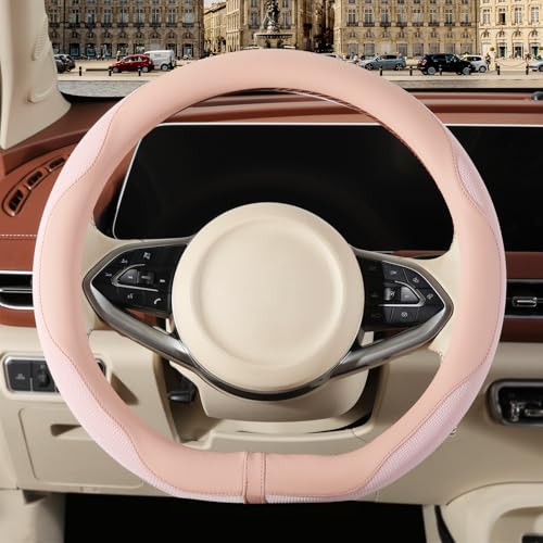 Binsheo Nappa Leather Pink D Shape Steering Wheel Cover Advanced Microfiber Leather Non-Slip Breathable Fabric Warm in Winter and Cool in Summer Universal 15 inch