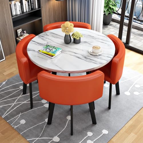 Image of Round Faux Marble Reception Table and Chairs Set, Dining Table Set for 4, Space Saving Reception Desk for Home and Apartment, Office, Conference Room, Lounge