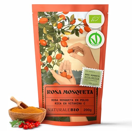 NaturaleBio Rosa Mosqueta Ecológica Cruda en Polvo 200g. Escaramujo Bio molido entero, Natural y puro. Bayas de Rosa Canina Orgánica. Rica en vitamina C, ideal para infusiones, tisanas y batidos.
