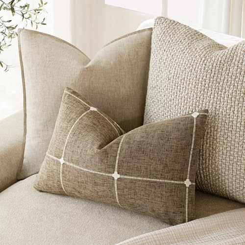 Image of Foindtower Pack of 2 Decorative Faux Linen Jacquard Check Throw Pillow Covers Farmhouse Lumbar Cushion Cover with Grid Textured Accent Pillowcase for Couch Living Room Home Decor,12x20 Inch,Tan Khaki