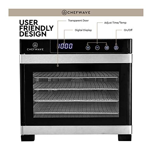 ChefWave 6 Tray Food Dehydrator Machine - Stainless Steel, Digital Temperature Control & Timer, 3 Teflon Sheets, 2 Mesh Sheets and Drip Tray - for Dried Fruit, Jerky, Herbs - Recipe Book Included